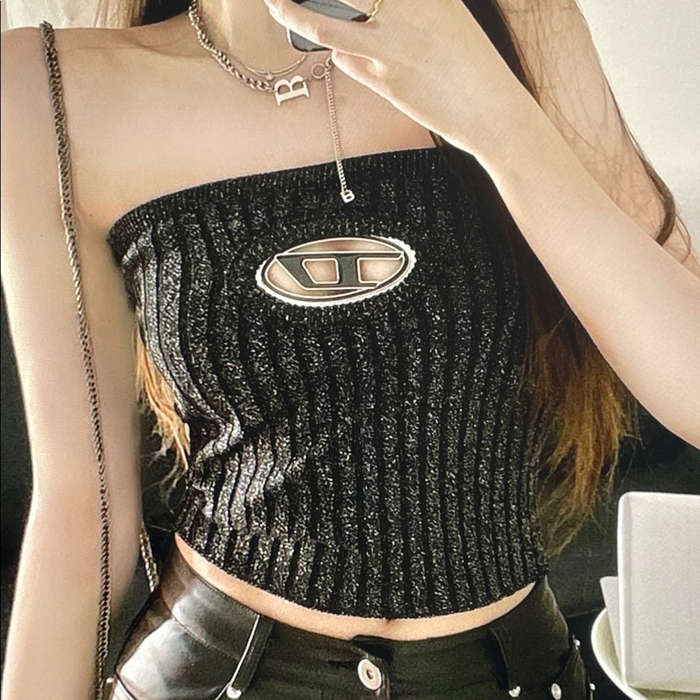 Diesel Black Ribbed Strapless Metallic-Logo Crop Top